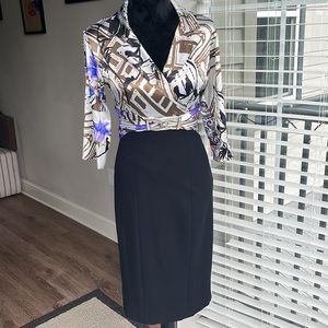 Cache Stunning Printed Silk top with attached Pencil Black Skirt